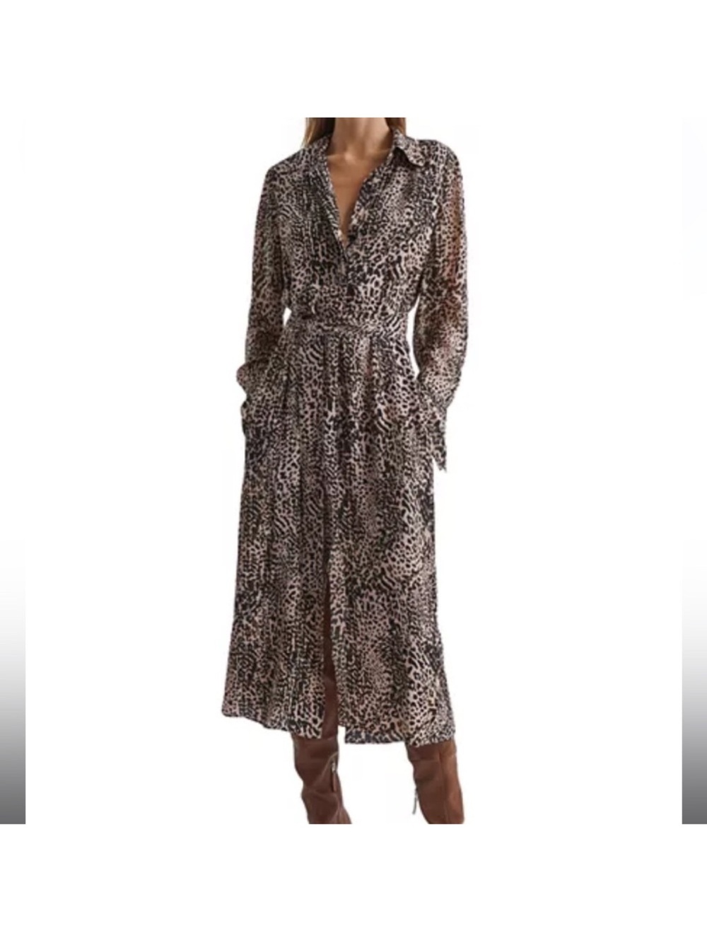 Reiss Tabitha Black, Brown, And Mauve Leopard-Print Midi Dress With Tied Waist